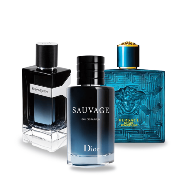 Conjunto com 3 Perfumes: Dior SAUVAGE, Yves Saint Laurent Y MEN, Versace EROS